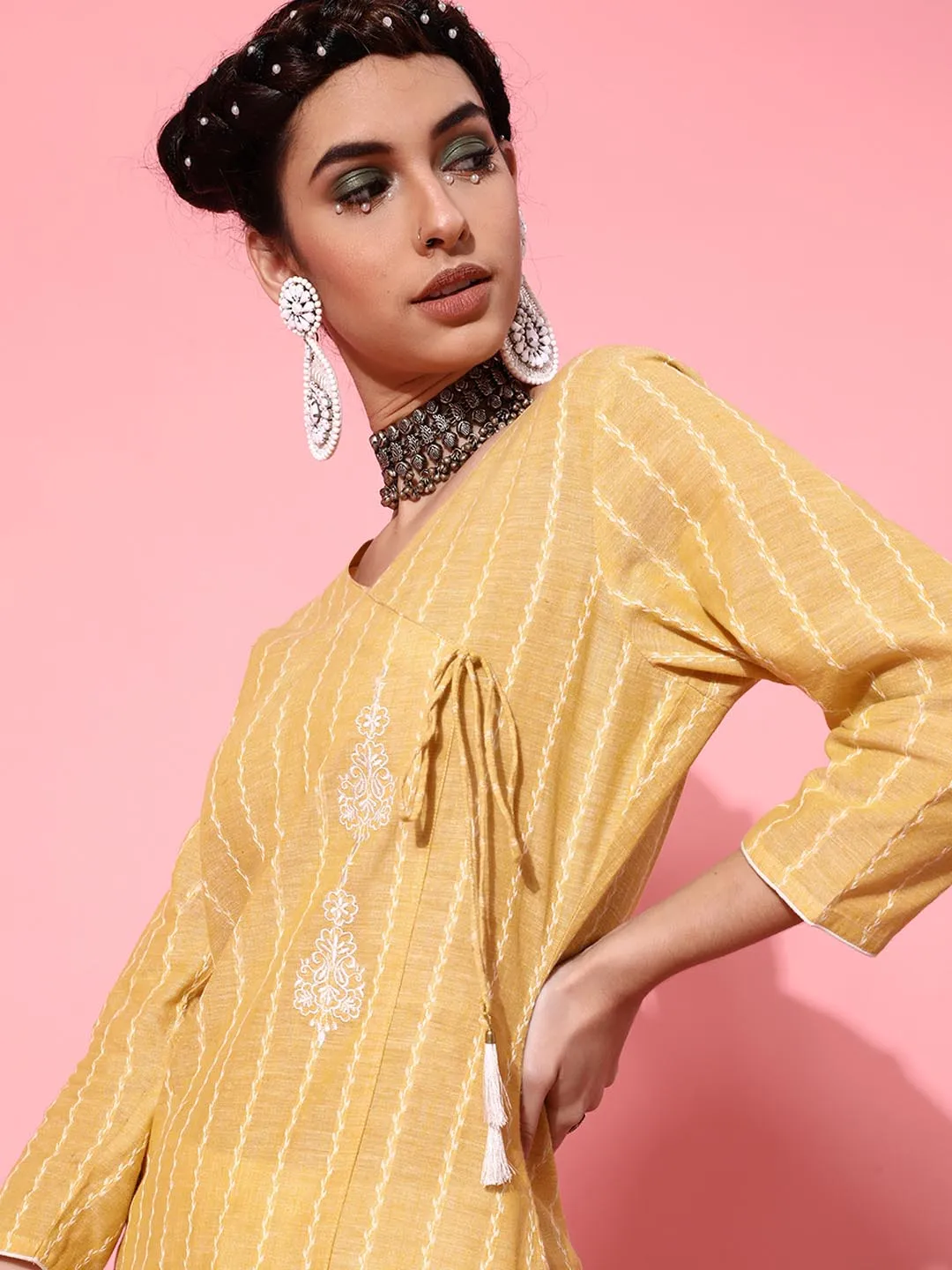 Women Yellow Ethnic Motifs Printed Angrakha Pure Cotton Kurta with Trousers