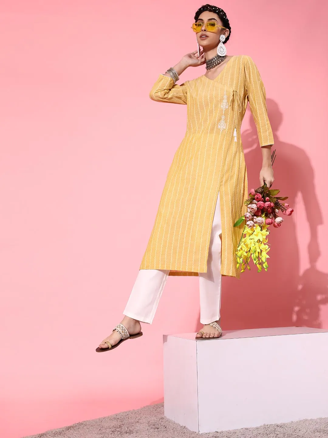 Women Yellow Ethnic Motifs Printed Angrakha Pure Cotton Kurta with Trousers