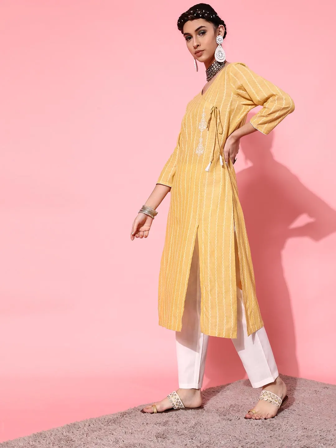 Women Yellow Ethnic Motifs Printed Angrakha Pure Cotton Kurta with Trousers