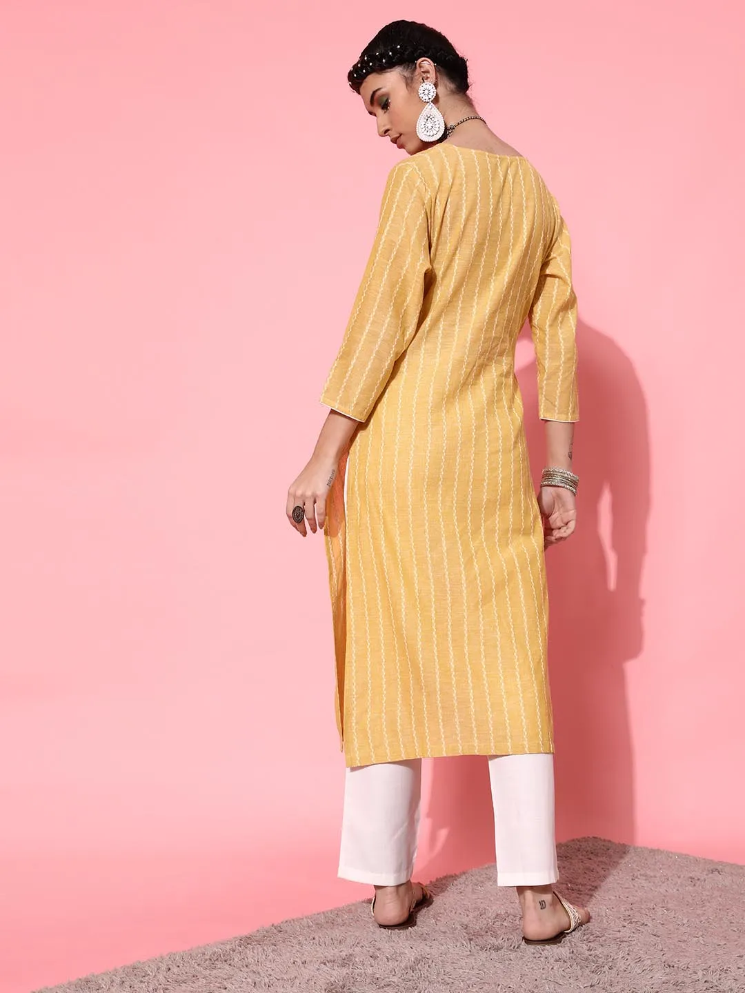 Women Yellow Ethnic Motifs Printed Angrakha Pure Cotton Kurta with Trousers