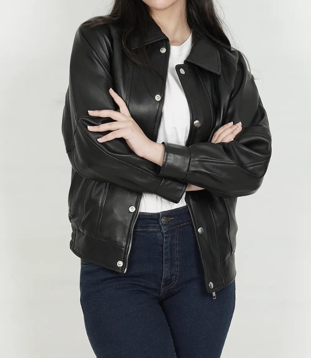 Womens Black Oversized Bomber Leather Jacket