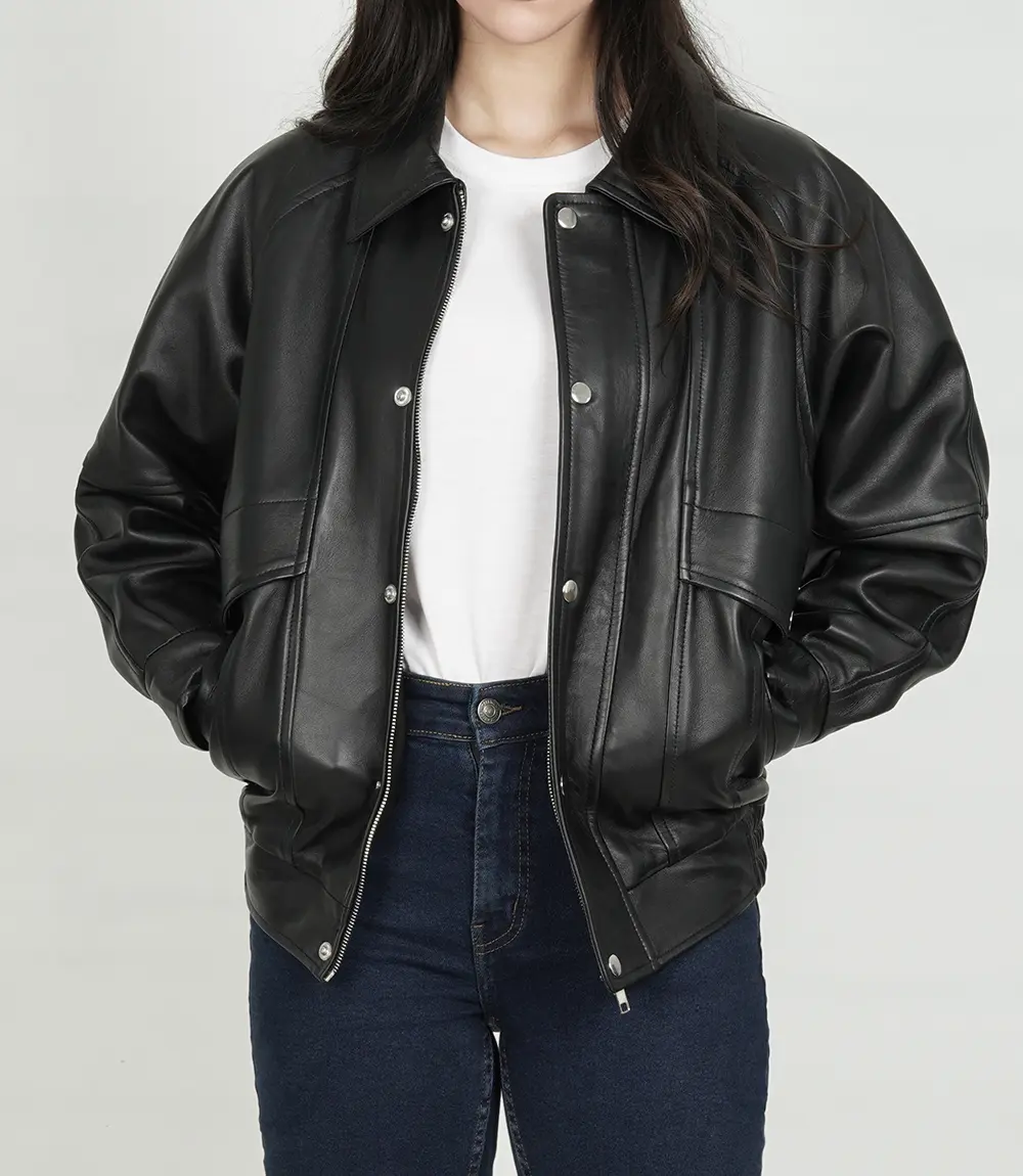 Womens Black Oversized Bomber Leather Jacket