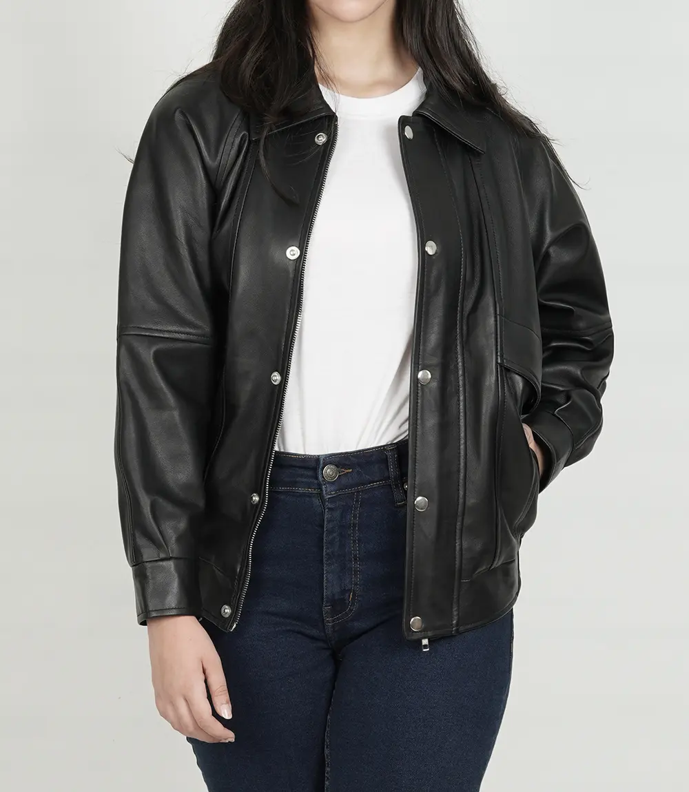 Womens Black Oversized Bomber Leather Jacket