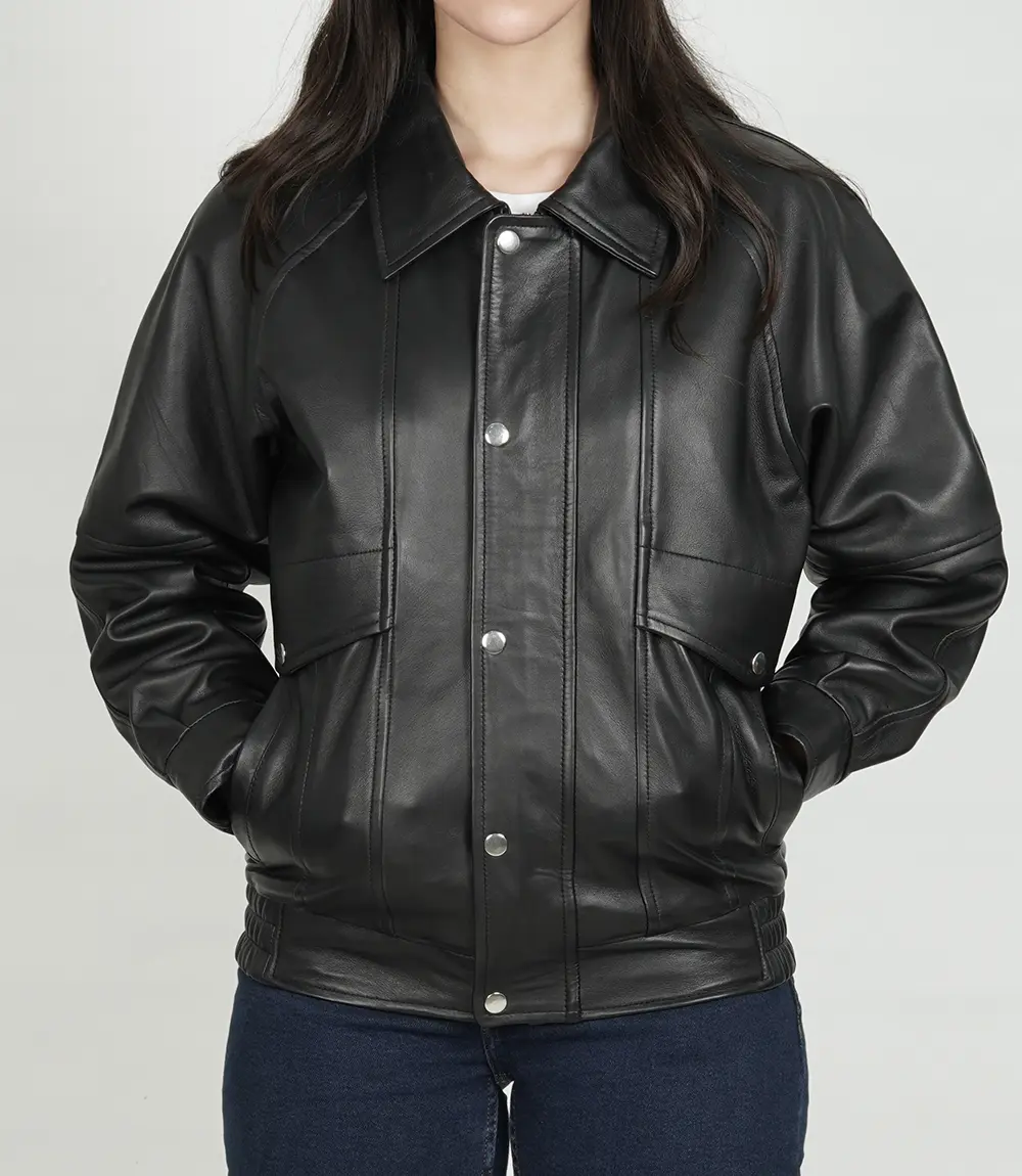 Womens Black Oversized Bomber Leather Jacket