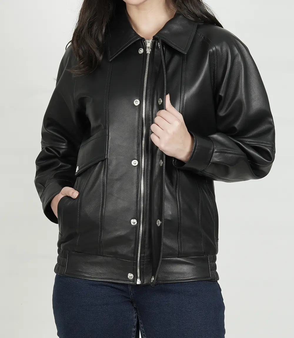 Womens Black Oversized Bomber Leather Jacket