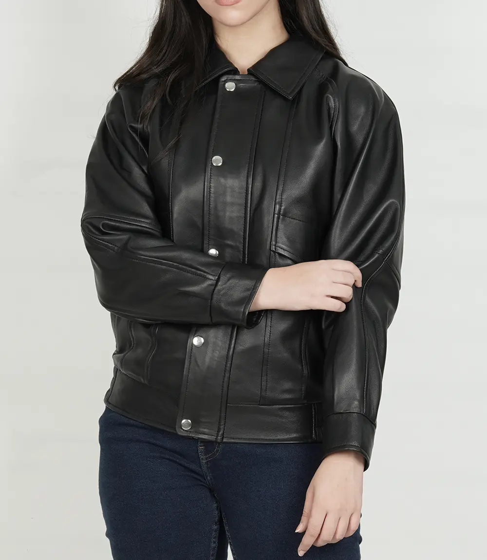 Womens Black Oversized Bomber Leather Jacket