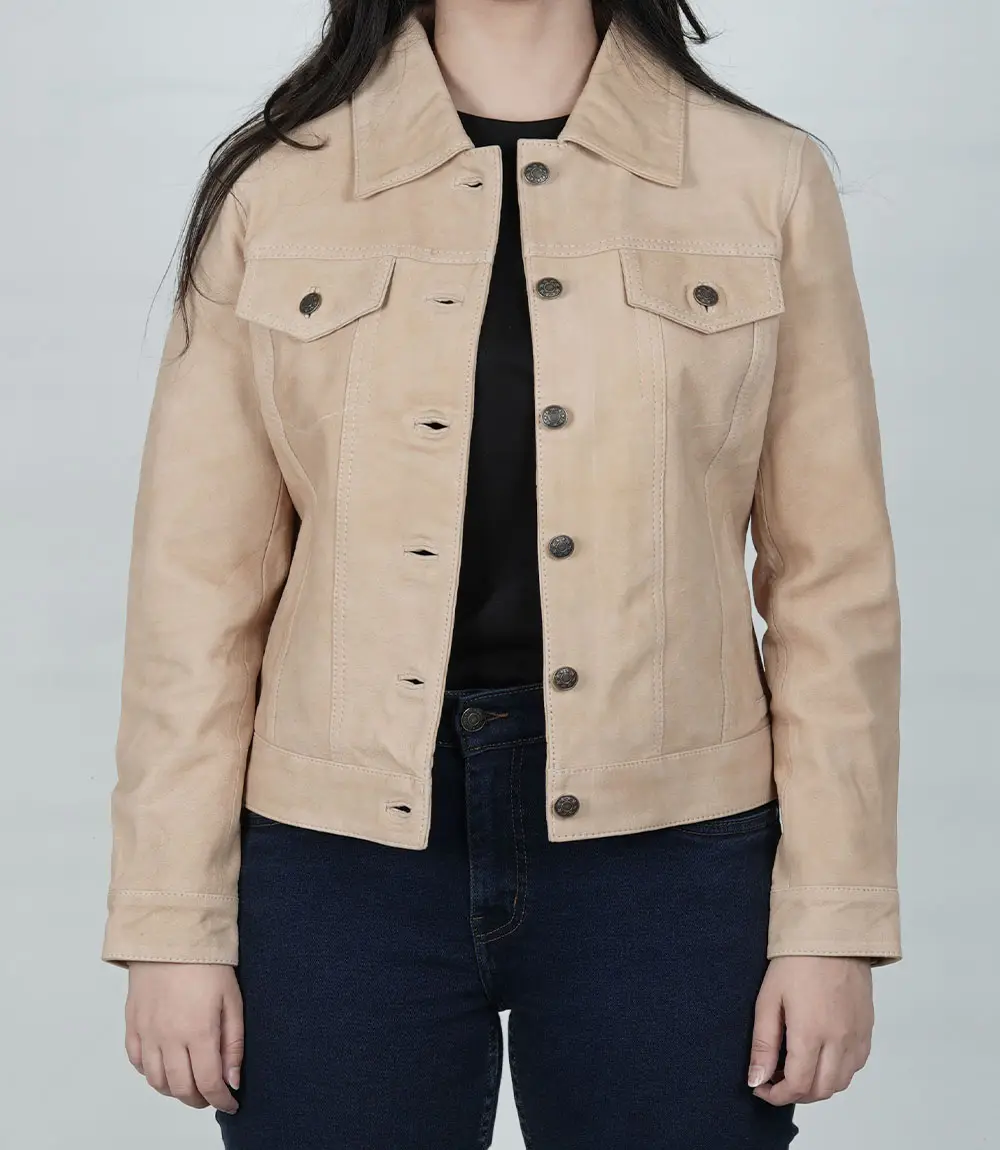 Womens Camel Suede Trucker Jacket