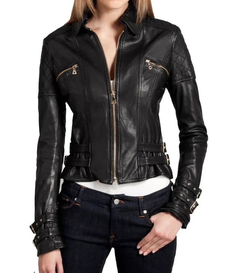 Women's Handmade Quilted Leather Moto Jacket