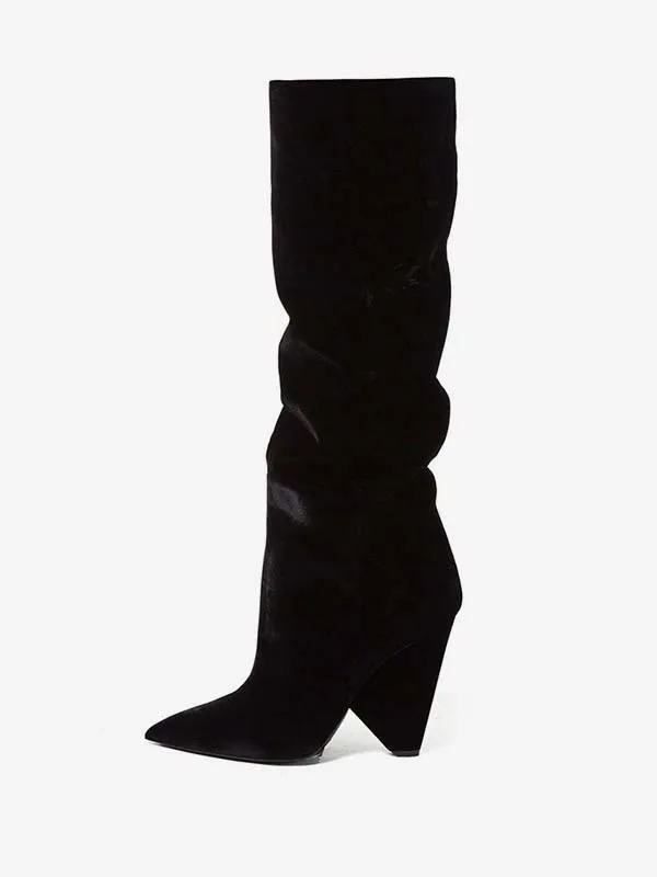 Black Pointed Toe Suede Women's Knee-High Slouch Boots