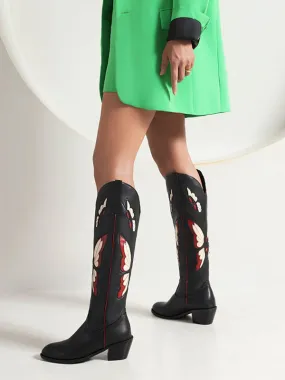 Black PU Leather Women's Knee High Boots with Puppy Heels