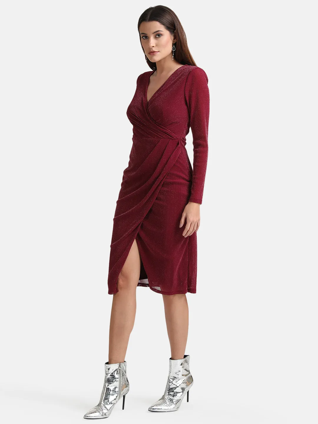 Pleated Wrap Midi Dress