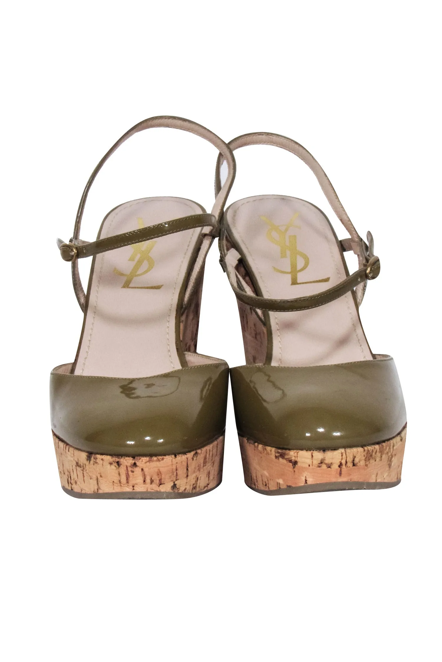 Yves Saint Laurent - Olive Patent Leather Round Toe Wedges Sz 5